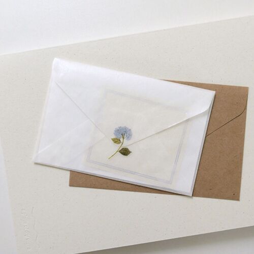 This paper layout combines white flowers, a blue bloom, foliage, and the Dreamy Blossoms label in one balanced arrangement.