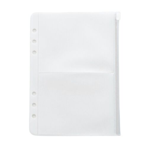 Several clear pockets overlap in a neat stack, highlighting their rounded corners and consistent six-hole placement.
