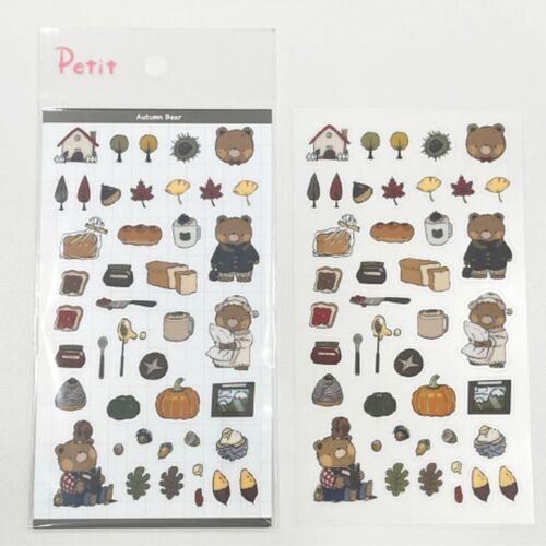 A loose sheet beside its package shows the full sticker arrangement and the outlined artwork across the autumn-themed design.
