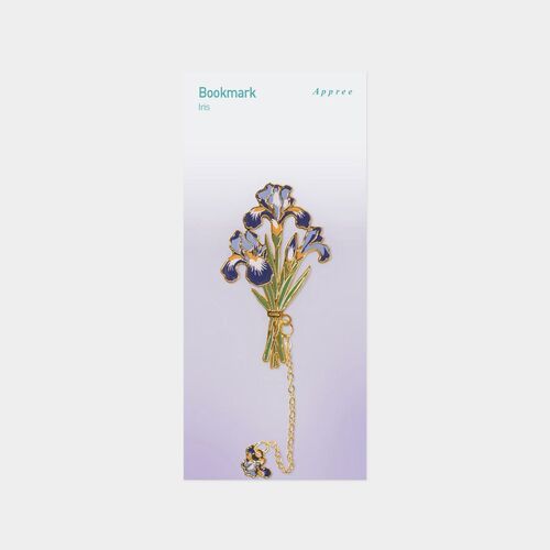 Iris bookmark card shows blue-purple blooms, green stems, gold edging, and a small matching flower charm.