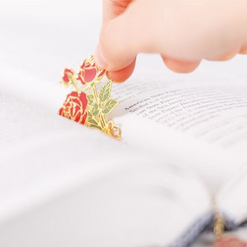 The small red rose charm hangs below an open book, adding a decorative detail beyond the page.