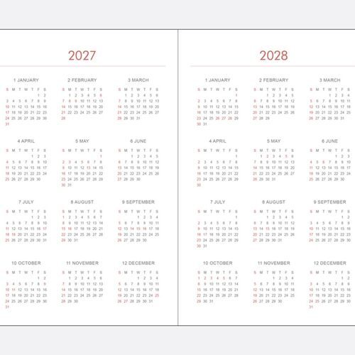 An open monthly spread shows dated calendar boxes with weekday headings and generous space for written plans.