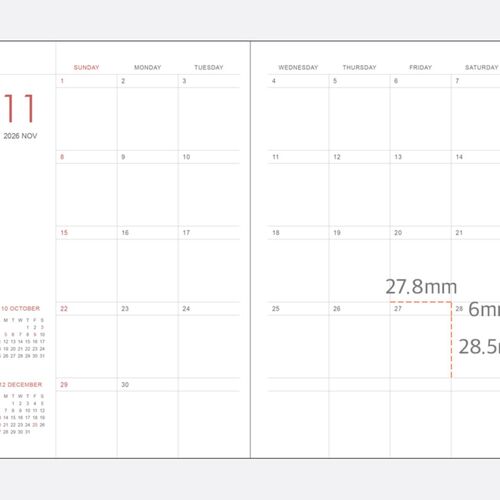 A monthly calendar spread is shown with measured writing areas and evenly spaced date boxes for clear planning.