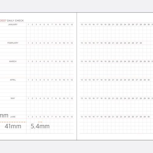A two-page yearly calendar overview displays all months across 2027 and 2028 for long-range date reference.