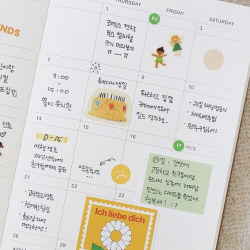 Another weekly page is filled with handwriting, stickers, and colorful marks to demonstrate its flexible writing space.