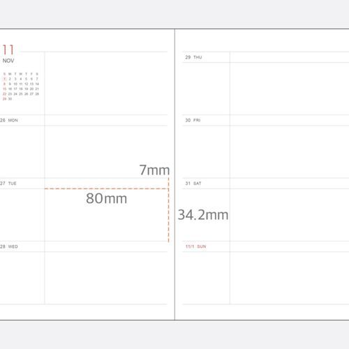 A close-up weekly spread includes decorative illustrations and open areas for recording events or reflections.