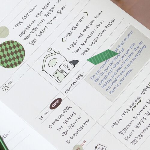 A decorative note spread includes illustrations, taped accents, and generous ruled space for personal entries.