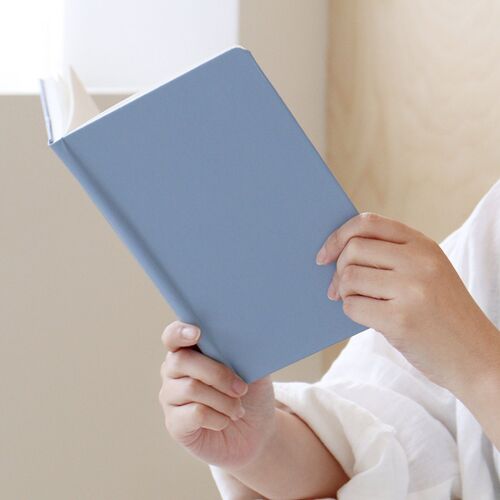 Several planners are stacked on a dark surface while one Moss Green copy is lifted from the pile.