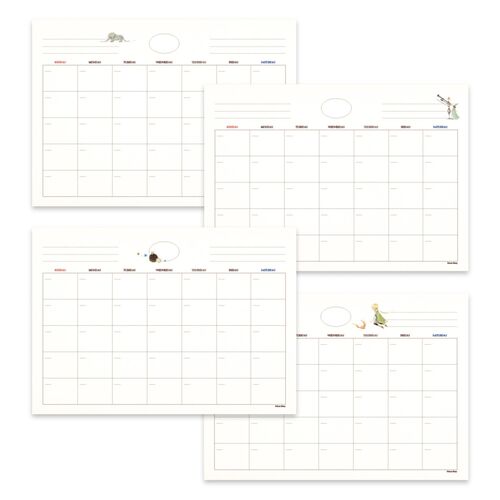 An undated calendar page is shown with blank boxes and header lines ready for customized planning.