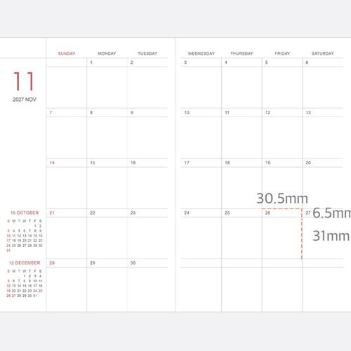 Daily-check pages provide a wide date grid with small writing spaces for tracking plans or routines throughout 2027.