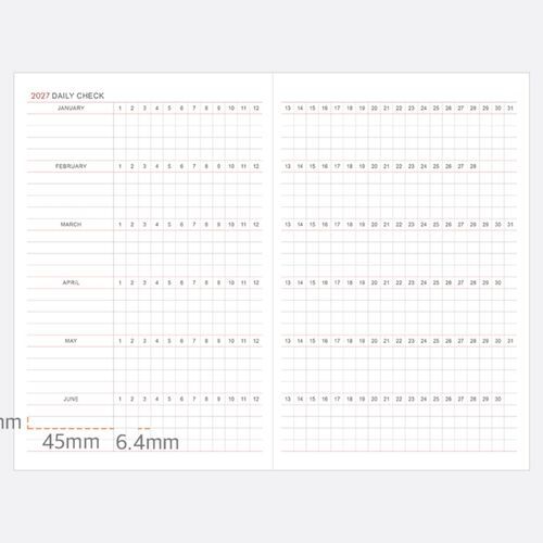 A close view shows the weekly columns with measurement callouts for the writing areas and spacing.