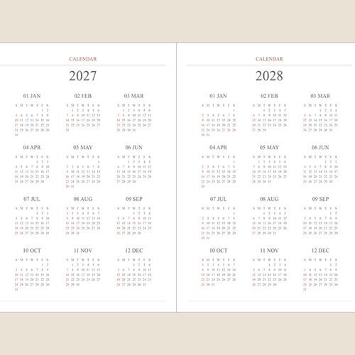 A close-up of the monthly calendar pages shows the complete 2027 and 2028 reference calendars.