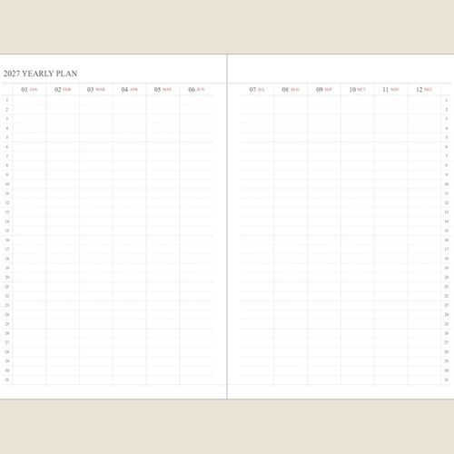 The yearly plan spreads across two pages with monthly columns and room for long-range notes.