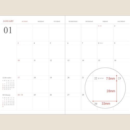 A January weekly spread demonstrates the dated grid layout and clearly separated daily writing spaces.