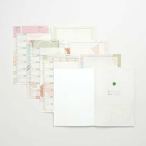 Several Houseplant pages overlap to show the weekly format, grid notes area, and changing plant illustrations throughout.