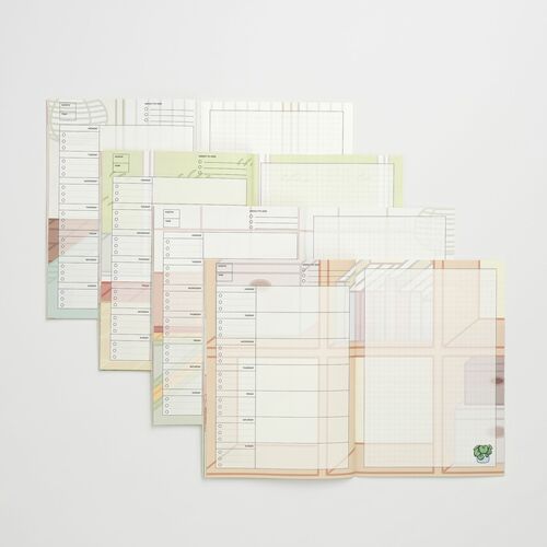 Seattle Scenery pages display soft geometric landscapes, muted colors, daily planning boxes, and spacious gridded note areas.