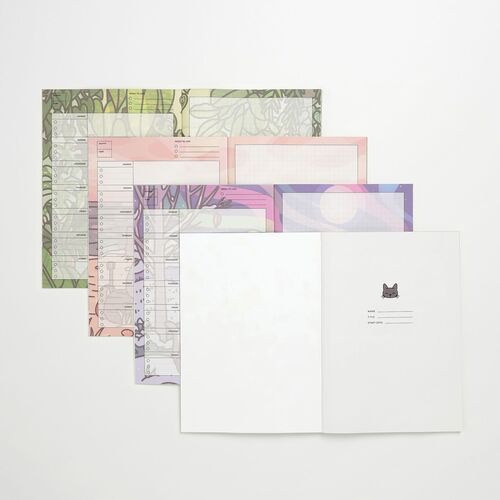 The Seattle Scenery cover and interior are shown together, pairing colorful landscape artwork with a flexible weekly layout.