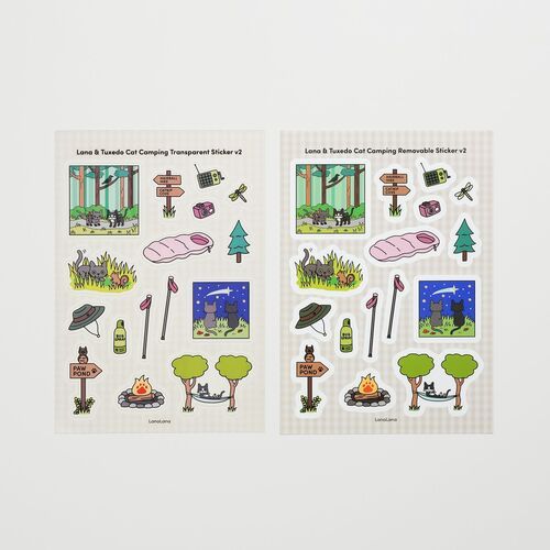 The v2 designs include forest scenes, starry skies, hammocks, sleeping bags, cameras, radios, and playful trail signs.