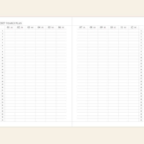 The yearly plan presents all twelve months of 2027 across a broad two-page overview for long-range scheduling.