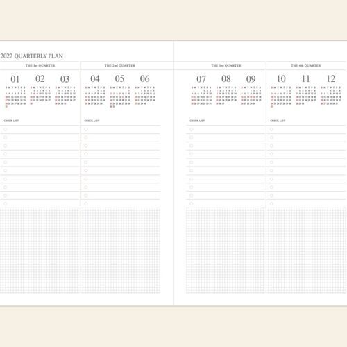 A quarterly plan divides 2027 into four sections with checklists and grid areas for focused planning.