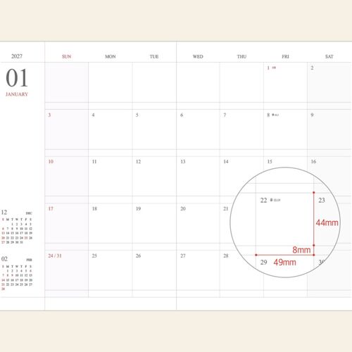 The January monthly layout shows large date boxes arranged in a clean Sunday-to-Saturday format.