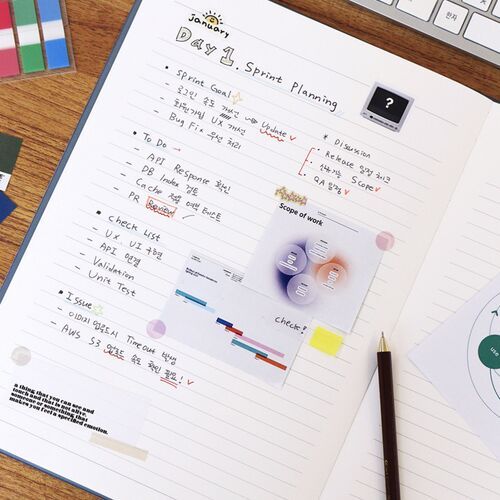 Another notes spread combines ruled writing space with pasted images, labels, and visual project references.