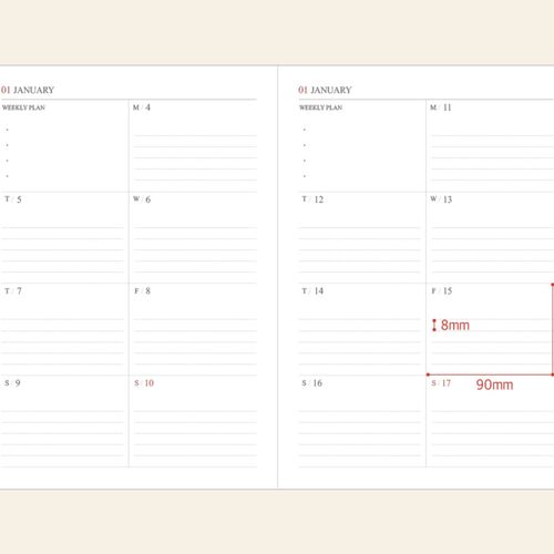 The open scheduler shows a filled weekly spread with handwritten plans, stickers, and colorful visual markers.