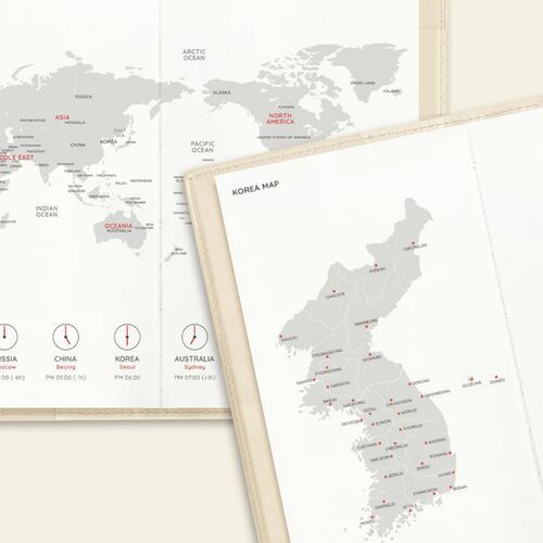 World and Korea map reference pages are shown together with labeled locations and city markers.