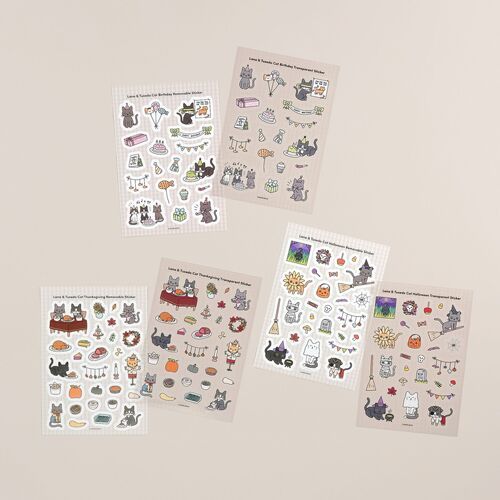 The Halloween sheet appears with birthday and Thanksgiving designs, showing how the seasonal collection fits within the broader cat series.