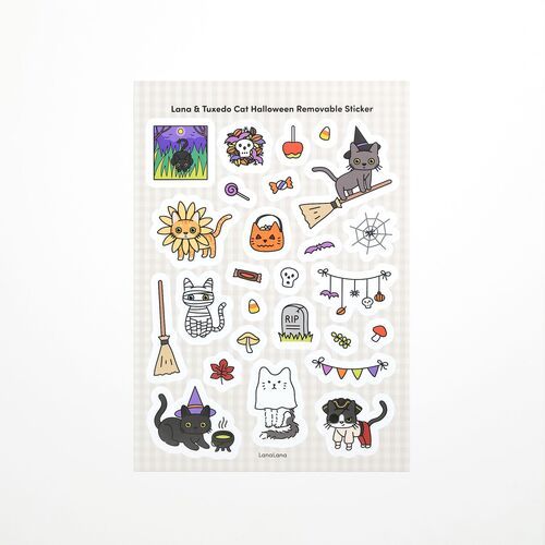 A full removable sheet displays black cats, a mummy cat, pumpkins, candy corn, spiderwebs, and other seasonal illustrations.
