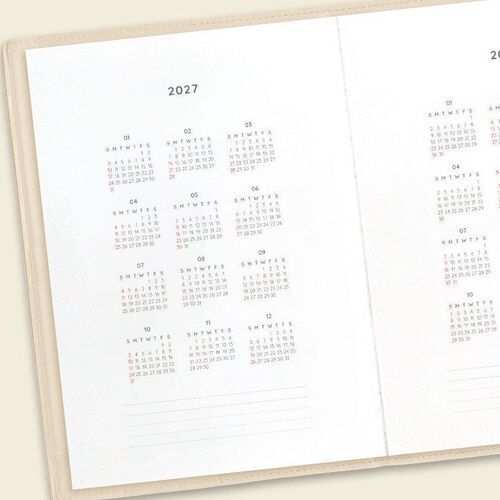 A yearly overview lays out the 2027 months in compact calendars with lined space below for notes.