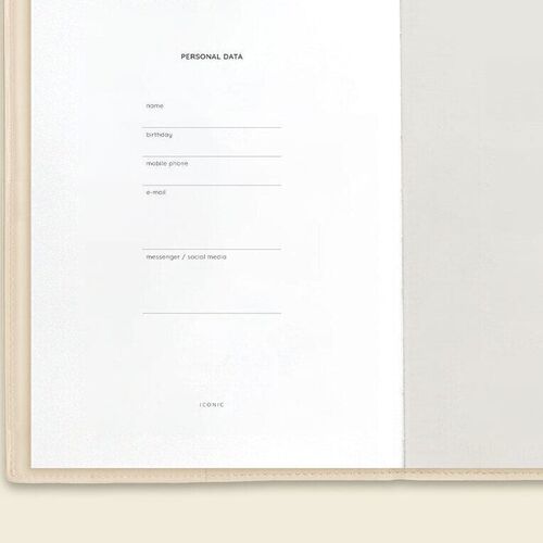 A personal data page offers labeled lines for name, birthday, mobile phone, email, and messenger or social media.
