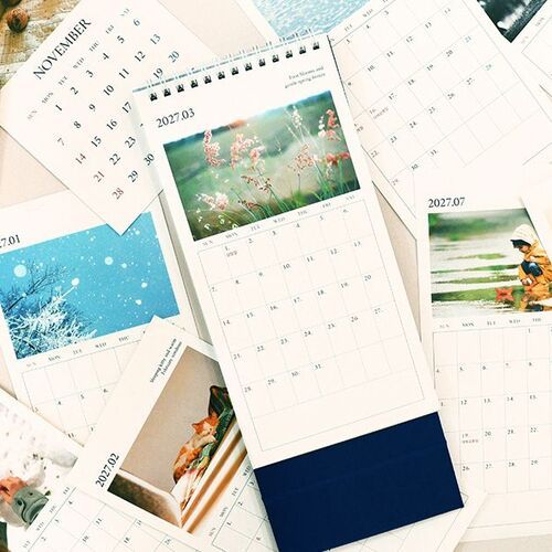Several dated pages are arranged across a tabletop, revealing varied photographic scenes and spacious calendar grids.