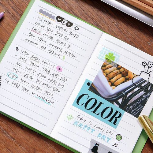 Another lined spread is used for weekday notes, highlighted phrases, and pasted color references during desk work.