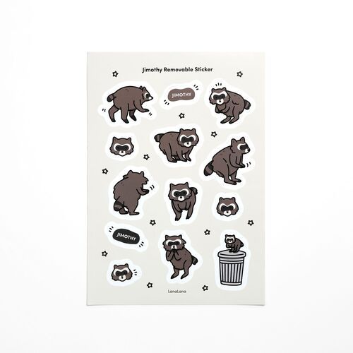 The Removable sheet displays brown and gray raccoons with white surrounding shapes, stars, labels, and a trash-can illustration.