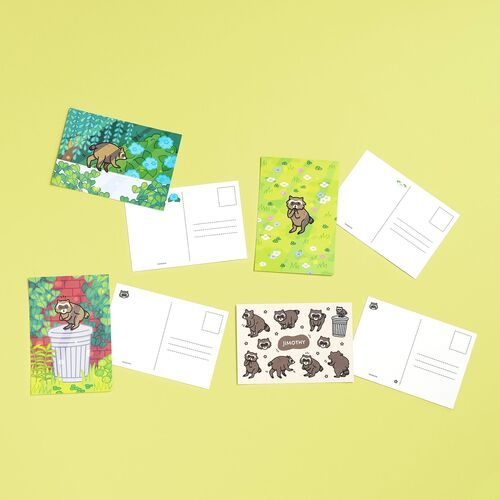 The four postcard fronts are arranged together, making the different Jimothy scenes and bold green, blue, and red palettes easy to compare.