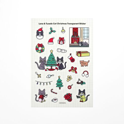 A full view highlights the removable sheet’s cheerful assortment of wreaths, stockings, lights, poinsettias, treats, and cat characters.