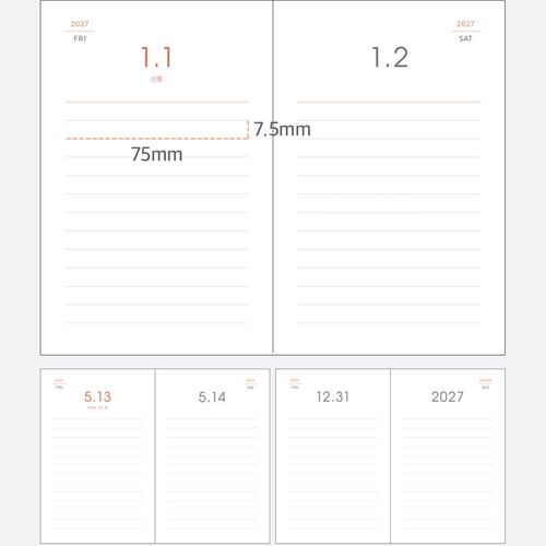 A clean layout sample highlights the 7.5mm line spacing and generous writing width across two facing pages.