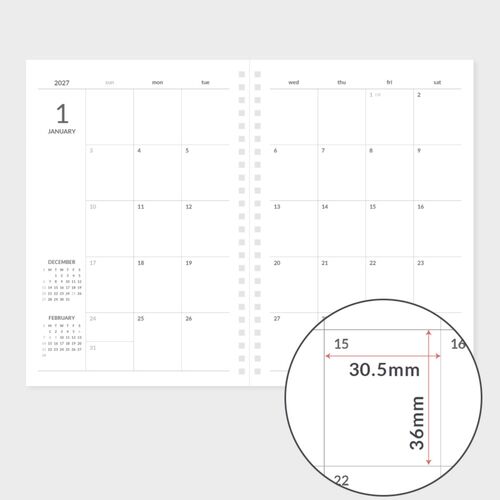 The open planner displays a dated monthly spread with weekday headings, numbered boxes, and ample room for notes.