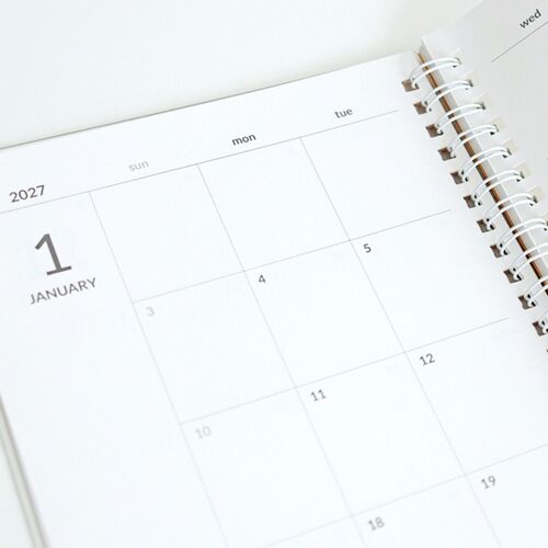 January 2027 is shown in a clean monthly grid, with the large month marker and surrounding date boxes clearly visible.