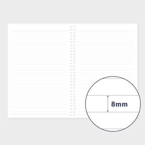 A lined notes layout includes a highlighted measurement detail that shows the comfortable spacing between lines.