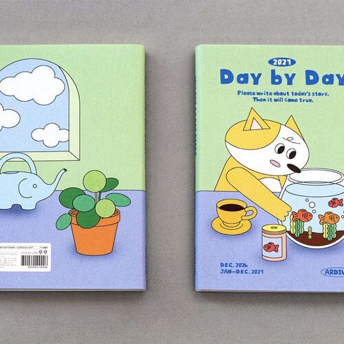Curious Cat has a mint and lavender palette with an elephant-shaped watering can, leafy plant, and window filled with clouds.