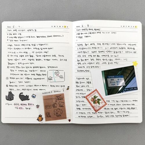 A monthly spread is filled with handwritten plans, colored highlights, decorative stickers, sketches, and photographs for a personalized planning system.