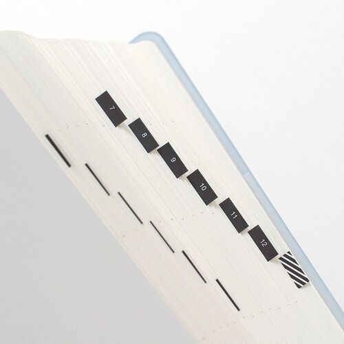 An open planner displays monthly reference calendars and lined writing areas across a broad two-page spread.