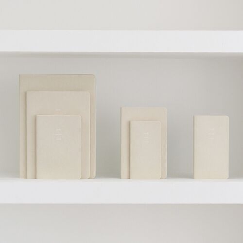 A lineup of matching Sage Mint planners shows several sizes and formats arranged across a shelf.
