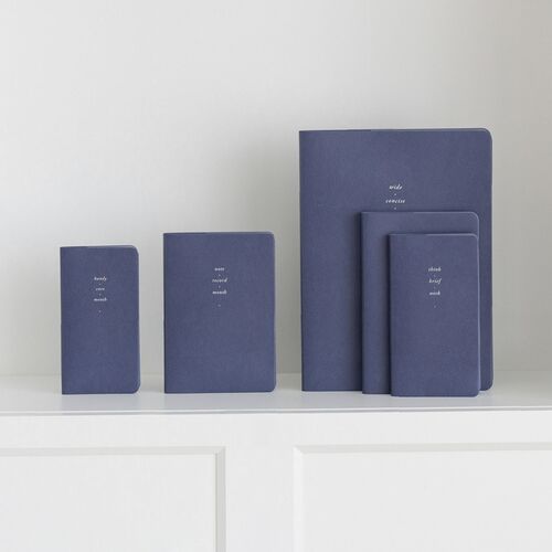 Ice Blue planners are arranged in graduated sizes on a shelf, emphasizing the collection’s consistent rounded-edge design.