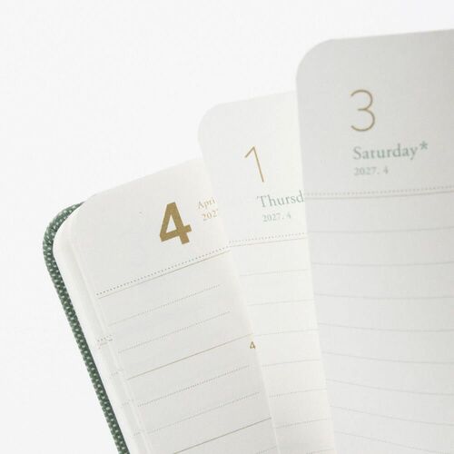 Several dated pages are fanned open to show the alternating monthly and daily planning format.