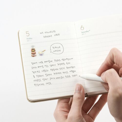 A daily spread is filled with handwritten notes and small stickers, showing how the lined pages support journaling.