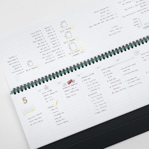 Another weekly spread shows detailed handwritten scheduling, diagrams, and notes across several dated columns.