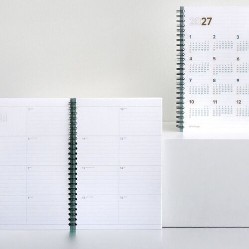 The final display pairs a monthly overview with an open dated weekly spread against a clean white background.